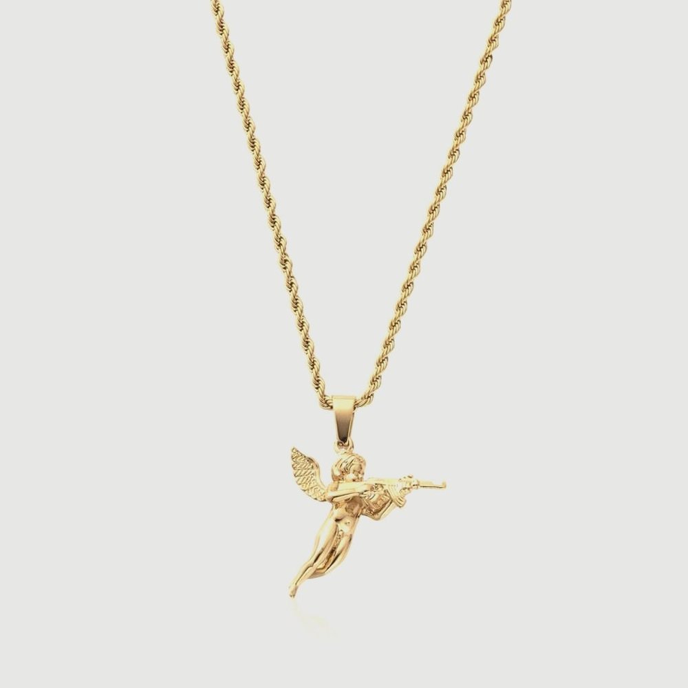 18k Cupid With Gun Pendant Chain Womens Cupid Necklace Gold Cupid Pendant AK47
